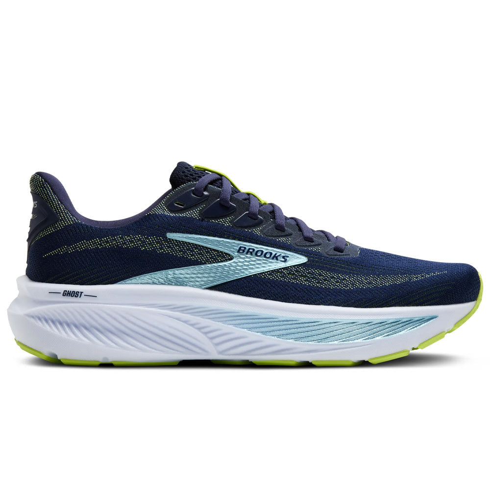 Side view on white background of Mens Brooks Ghost running shoe in Peacoat/Lime/Blue, Medium (Regular) width