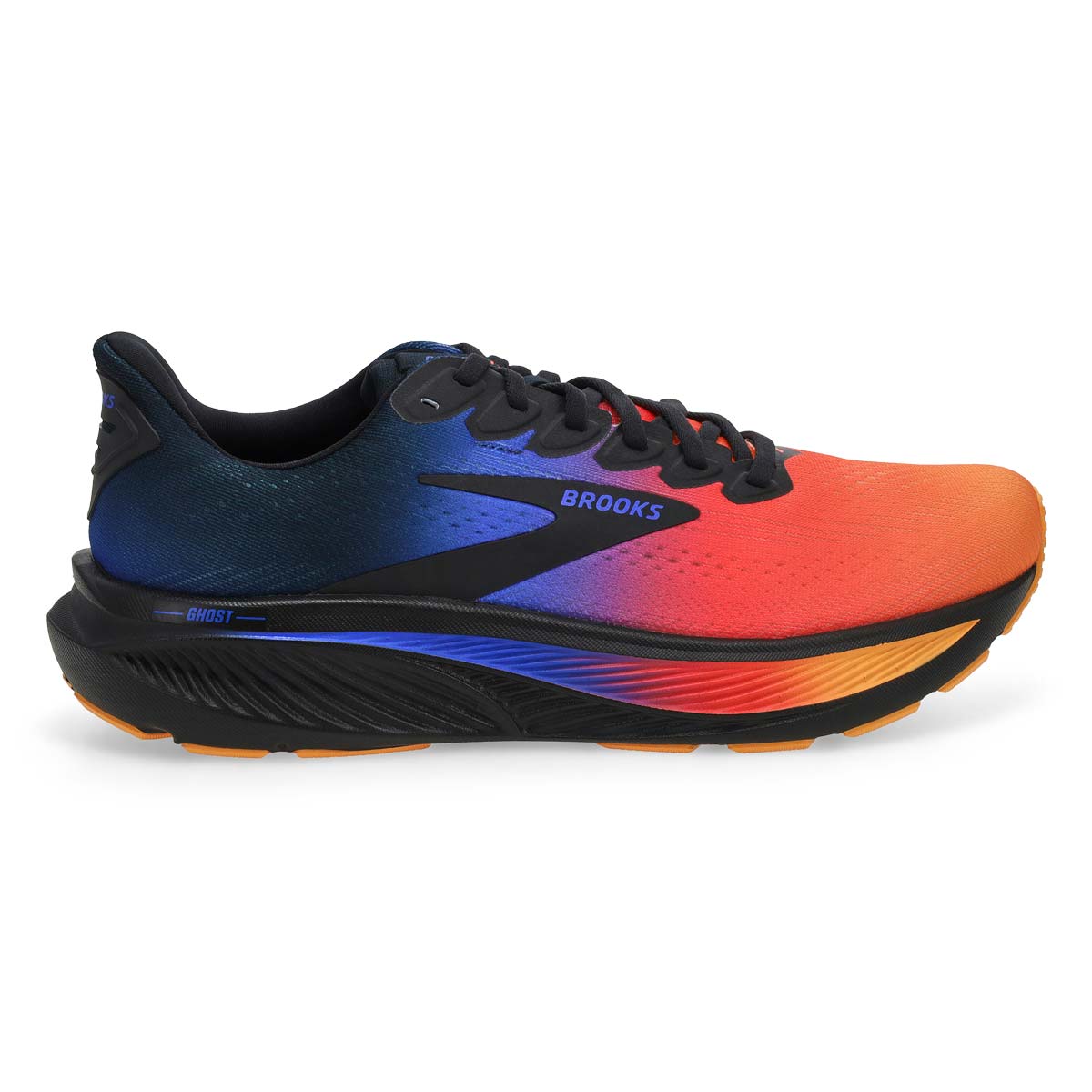 Side view on white background of Mens Brooks Ghost 17 running shoe in Night Blue/Papaya, Medium (Regular) width