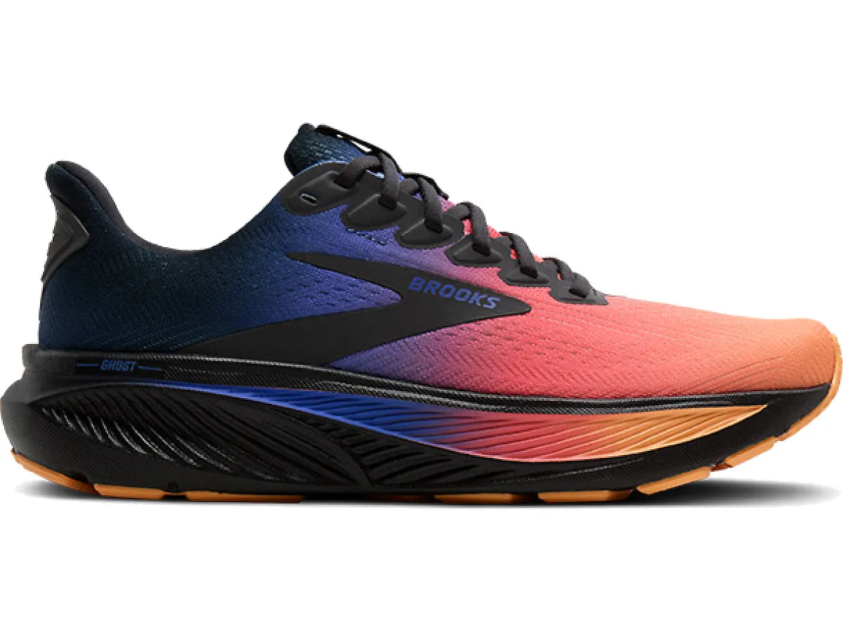 Side view on white background of Mens Brooks Ghost 17 running shoe in Night/Blue/Papaya, Medium (Regular) width