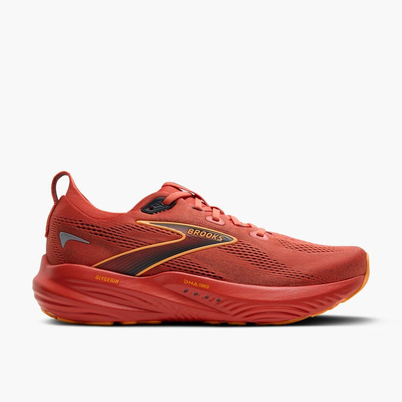 Side view on white background of Mens Brooks Glycerin 22 running shoe in Burnt Sienna/Ebony/Orange, Medium (Regular) width