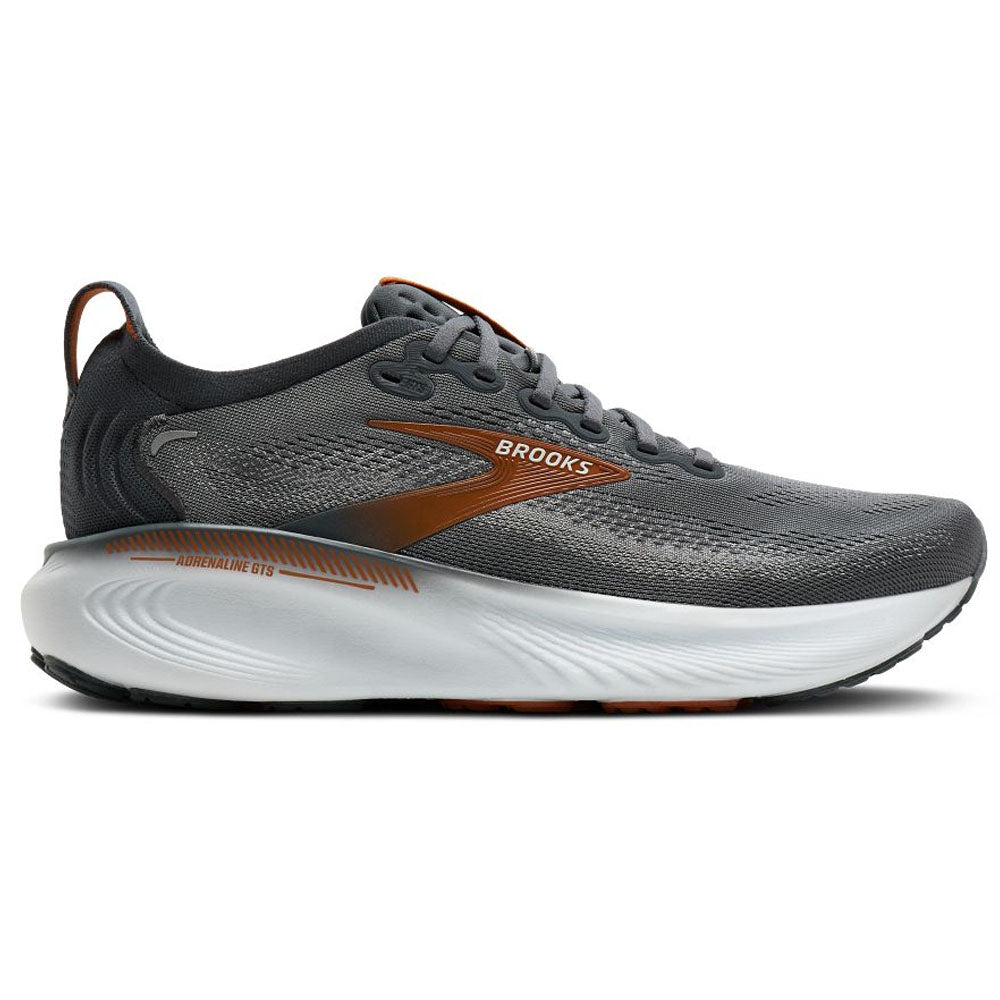 Side view on white background of Mens Brooks Adrenaline running shoe in Turbulence/Bombay Brown/Grey, Medium (Regular) width