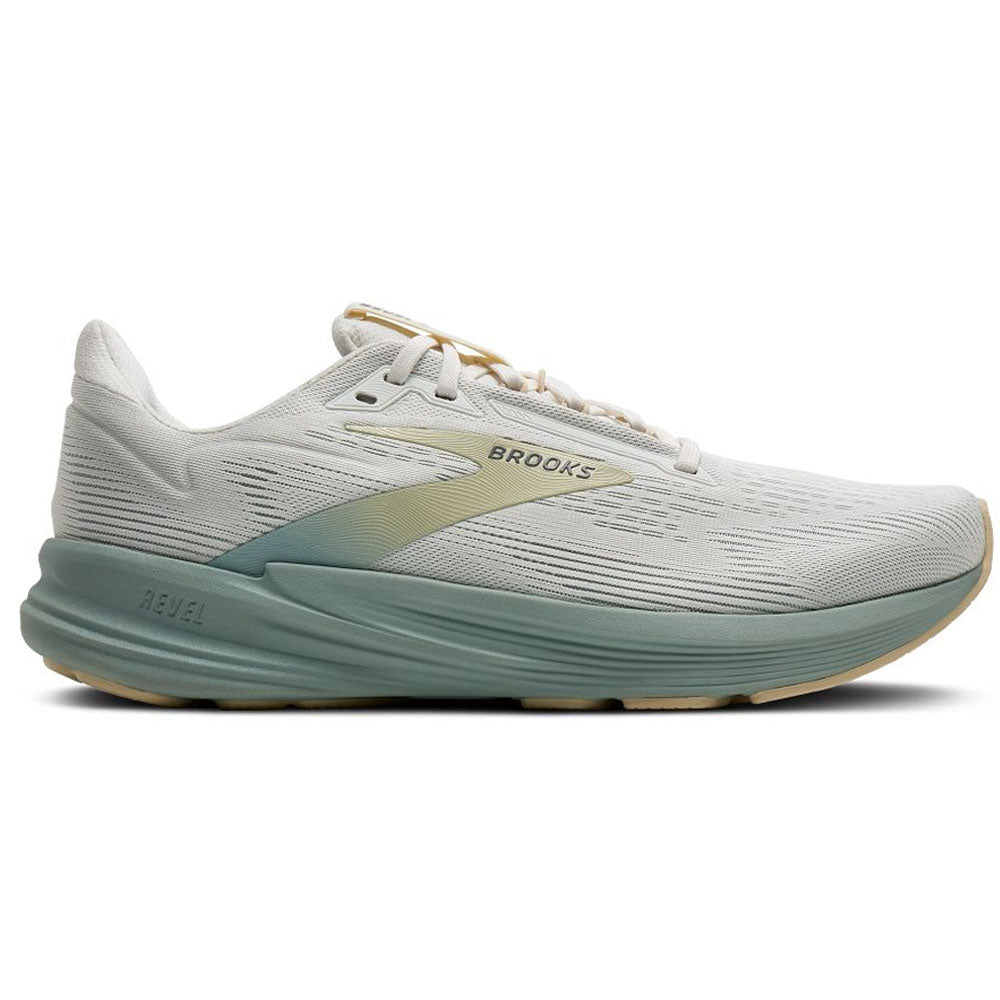 Side view on white background of Mens Brooks Revel running shoe in Coconut/Gray Mist/Sand, Medium (Regular) width