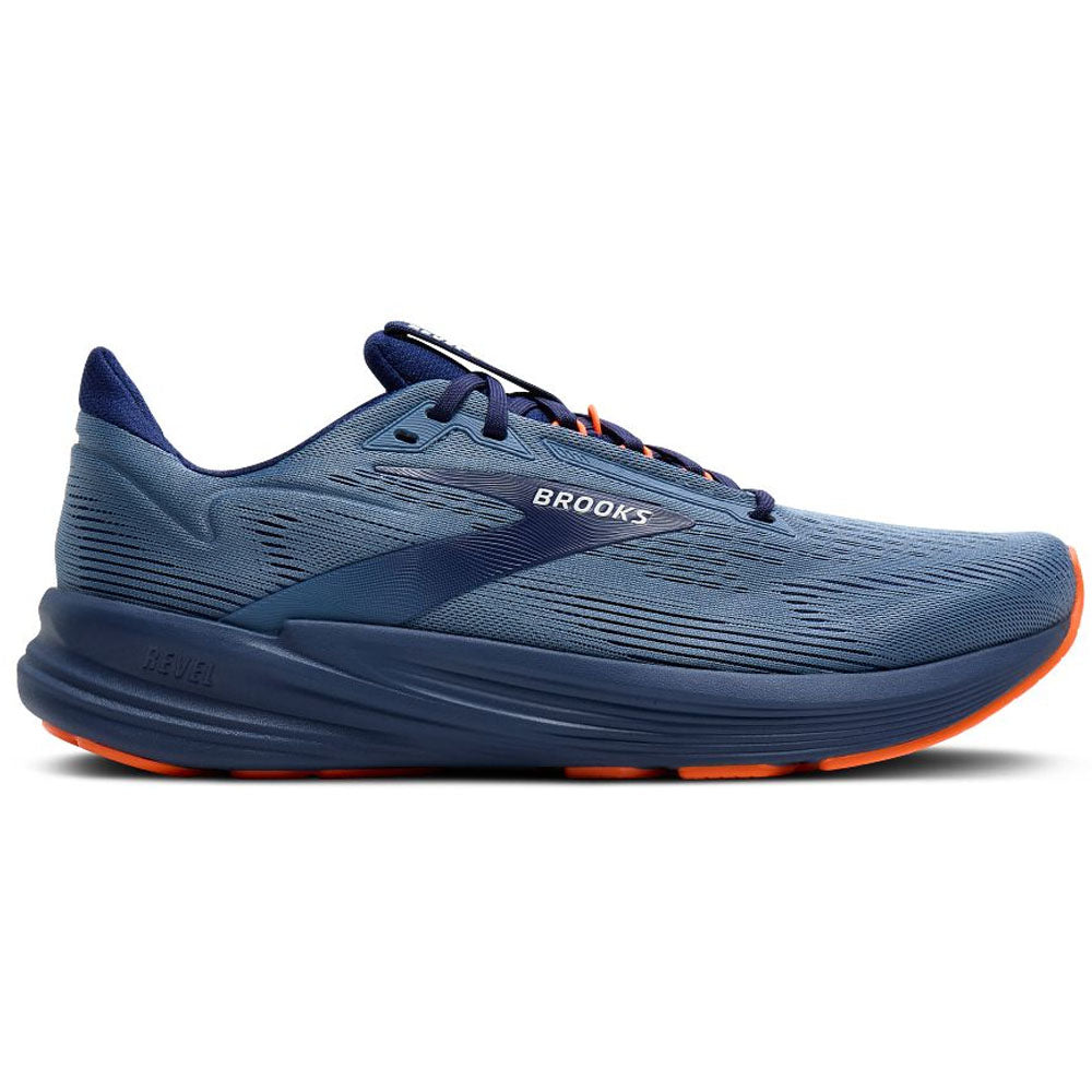 Side view on white background of Mens Brooks Revel running shoe in Blue/Blue/Orange, Medium (Regular) width