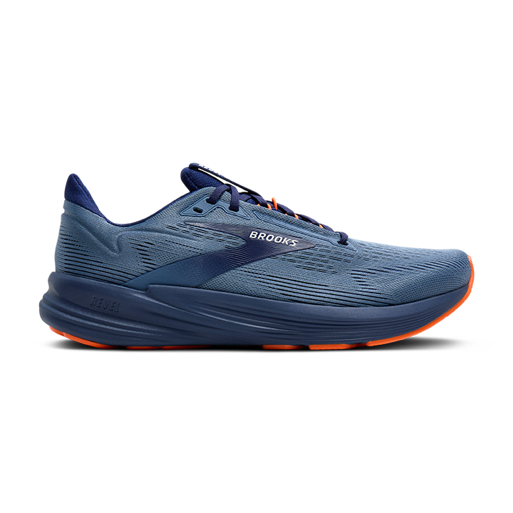 Side view on white background of Mens Brooks Revel 8 running shoe in Blue/Blue/Orange, Medium (Regular) width