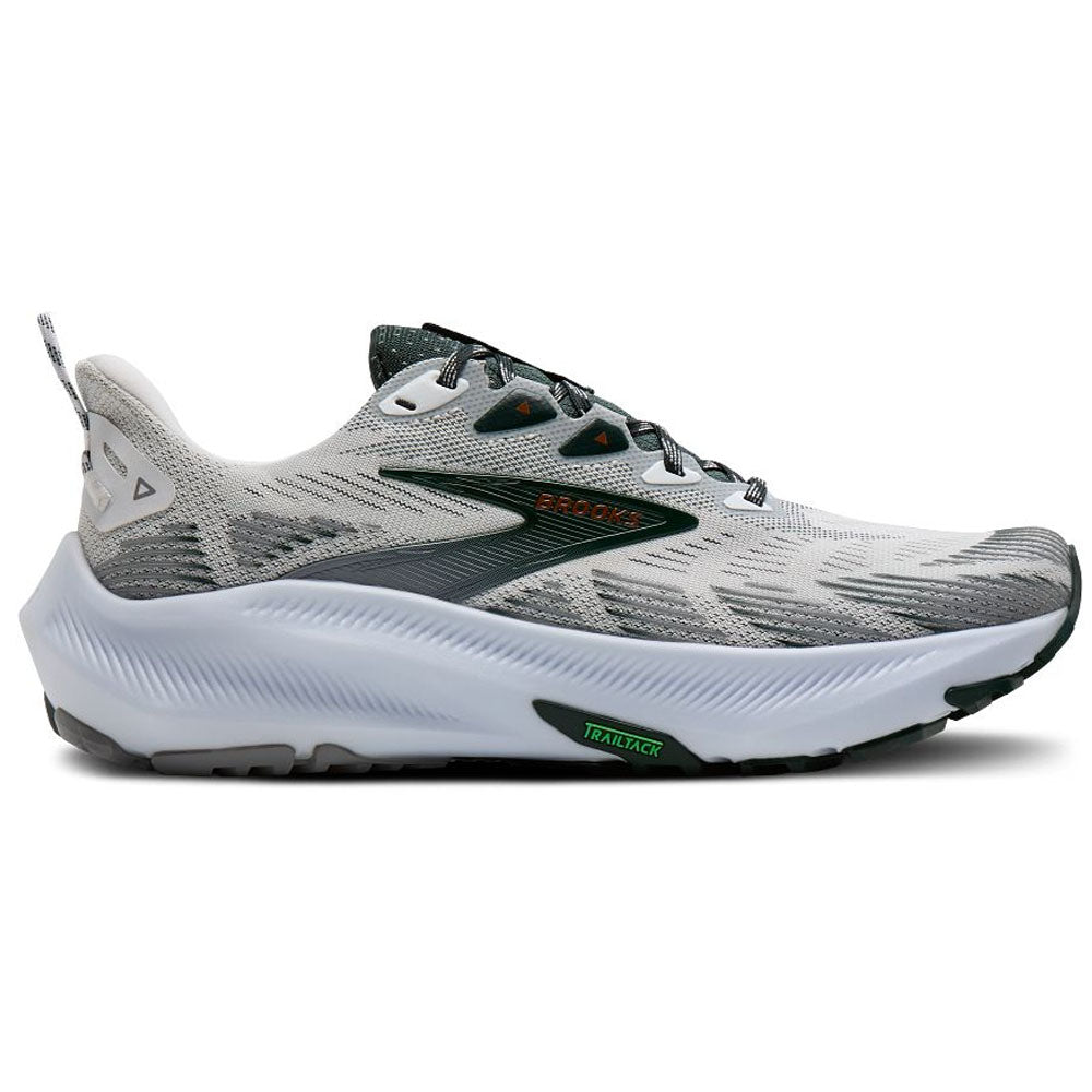 Side view on white background of Mens Brooks Ghost running shoe in White/Grey/Green, Medium (Regular) width