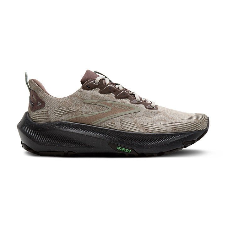 Side view on white background of Mens Brooks Ghost Trail running shoe in Ganache/Coffee/Green, Medium (Regular) width