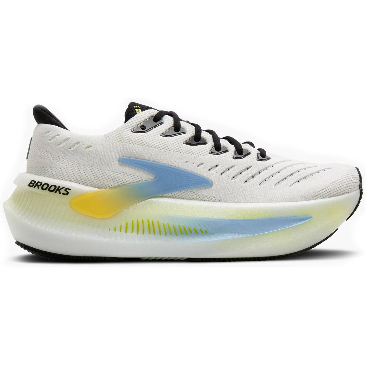 Side view on white background of Mens Brooks Glycerin Max 2 running shoe in Bright White/Black/Nightlife, Medium (Regular) width