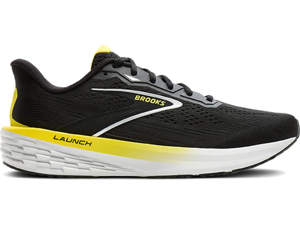 Side view on white background of Mens Brooks Launch 12 running shoe in Black/Cyber Yellow/Oyster, Medium (Regular) width