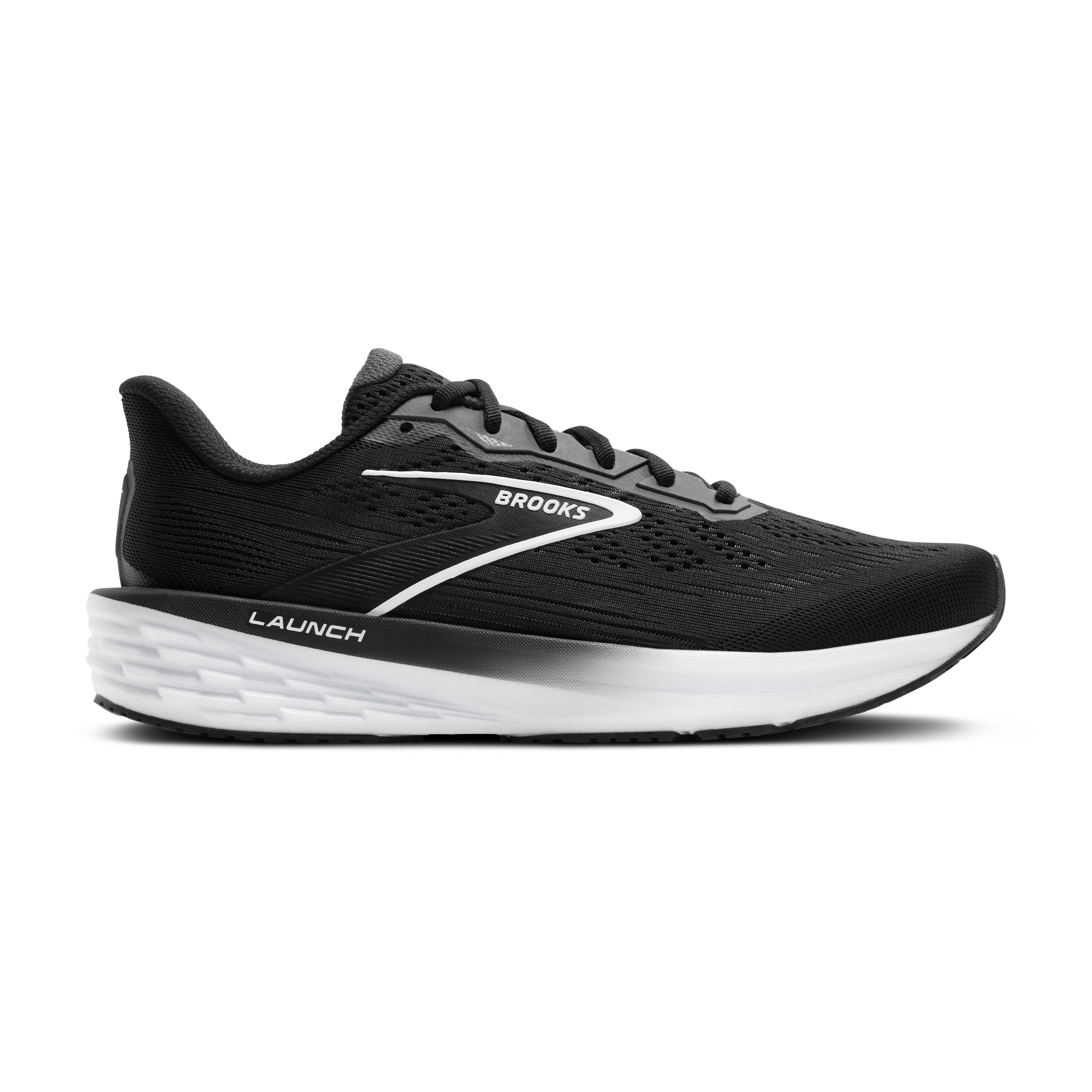 Side view on white background of Mens Brooks Launch 12 running shoe in Black/Grey/White, Medium (Regular) width