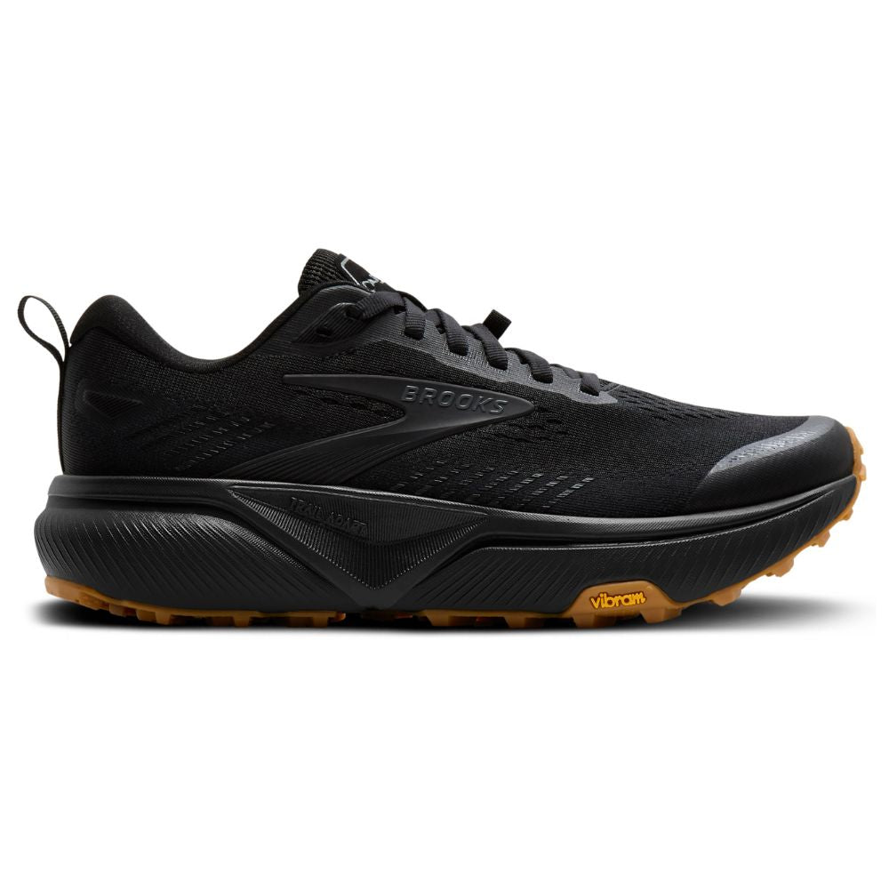 Side view on white background of Mens Brooks Cascadia 20 running shoe in Black/Ebony/Gum, Medium (Regular) width