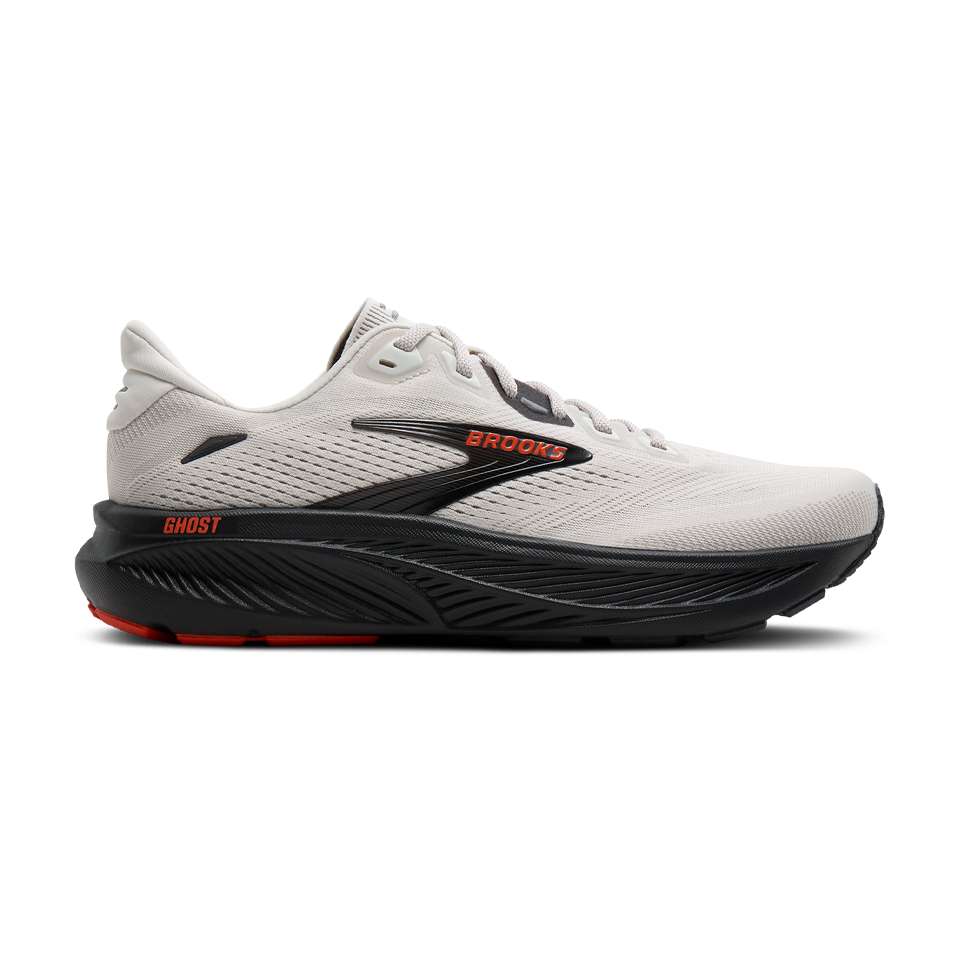 Side view on white background of Mens Brooks Ghost 18 running shoe in Coconut/Pearl/Tigerlily, Extra Wide width