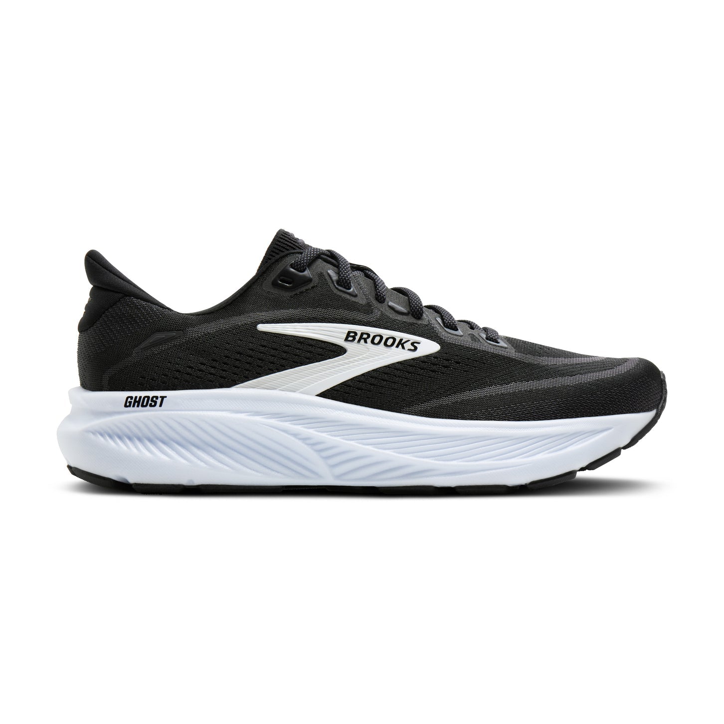 Side view on white background of Mens Brooks Ghost 18 running shoe in Black/Grey/White, Extra Wide width