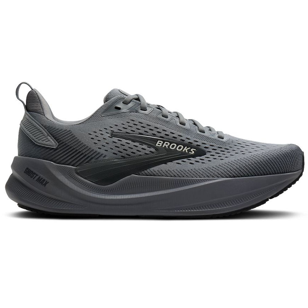 Side view on white background of Mens Brooks Ghost running shoe in Grey/Grey/Ebony, Wide width