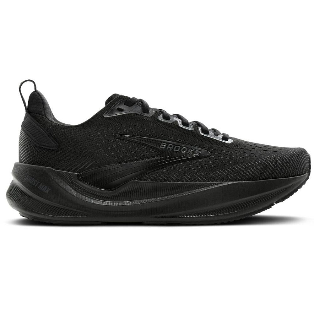 Side view on white background of Mens Brooks Ghost running shoe in Black/Black/Ebony, Wide width