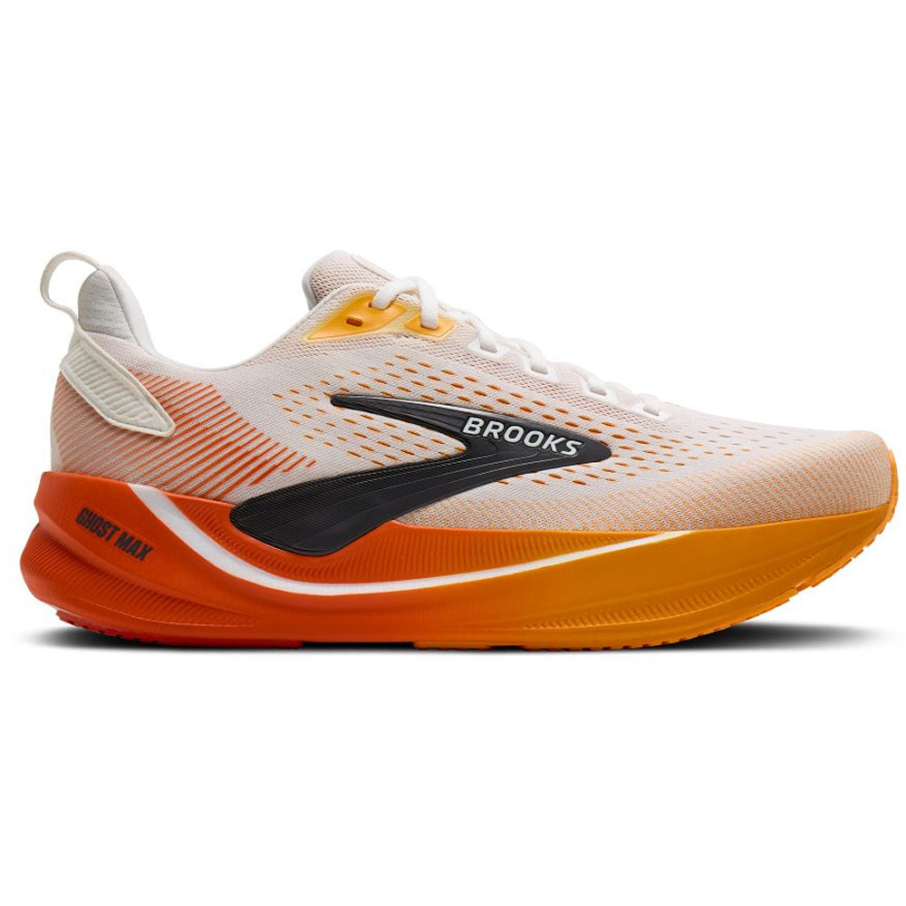 Side view on white background of Mens Brooks Ghost Max 4 running shoe in White/Orange/Red, Wide width