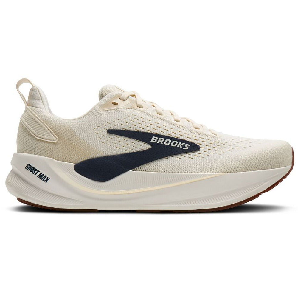 Side view on white background of Mens Brooks Ghost running shoe in Arctic Wolf/Navy/Coconut, Medium (Regular) width