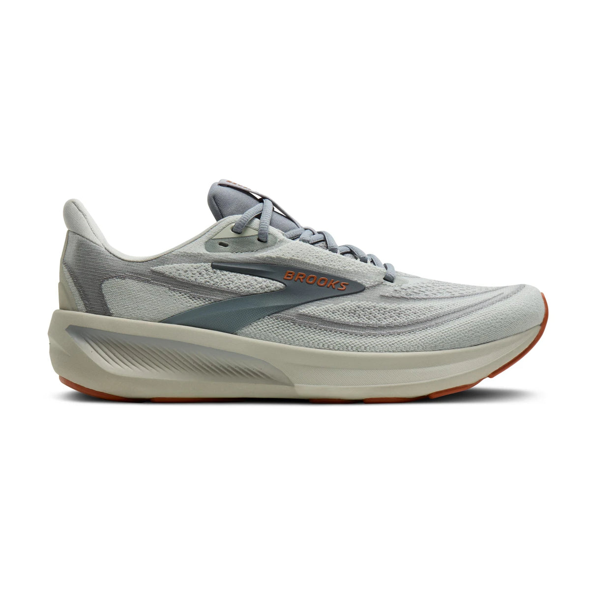 Side view on white background of Mens Brooks Revel 9 running shoe in Grey/Grey/Brown, Wide width
