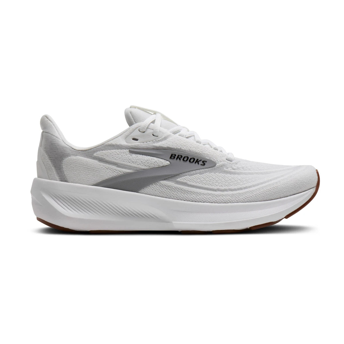 Side view on white background of Mens Brooks Revel 9 running shoe in White/Grey/Black, Medium (Regular) width