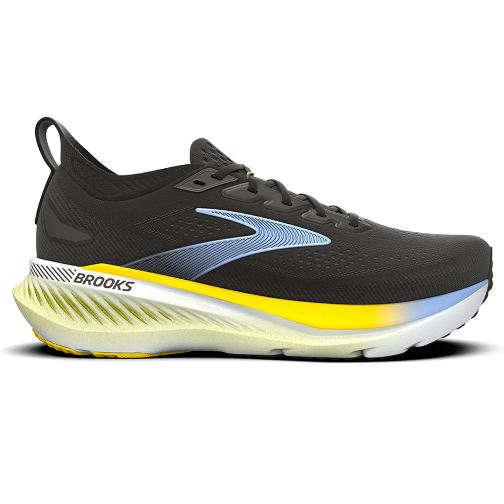 Side view on white background of Mens Brooks Glycerin running shoe in Black/Cyber Yellow/Nightlife, Medium (Regular) width