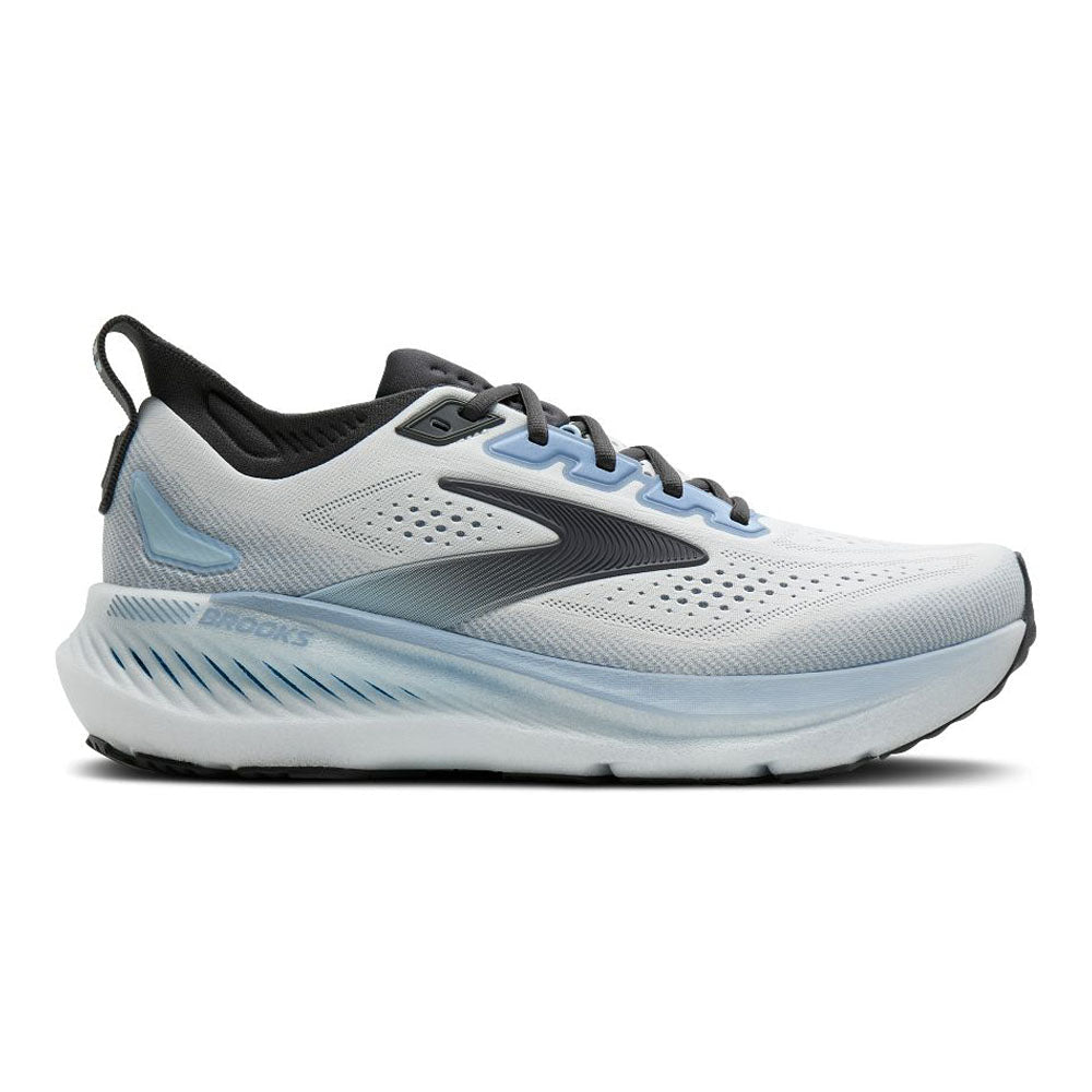 Side view on white background of Mens Brooks Glycerin running shoe in White/Rain/Baltic Sea, Medium (Regular) width