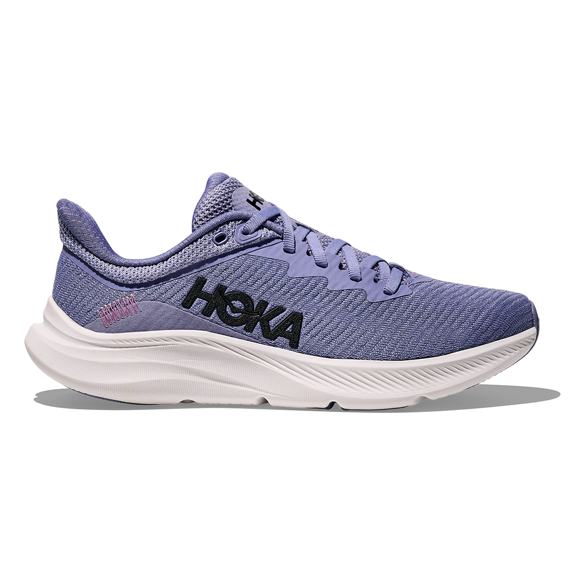 Side view on white background of Womens Hoka Solimar running shoe in Wild Indigo/White, Medium (Regular) width