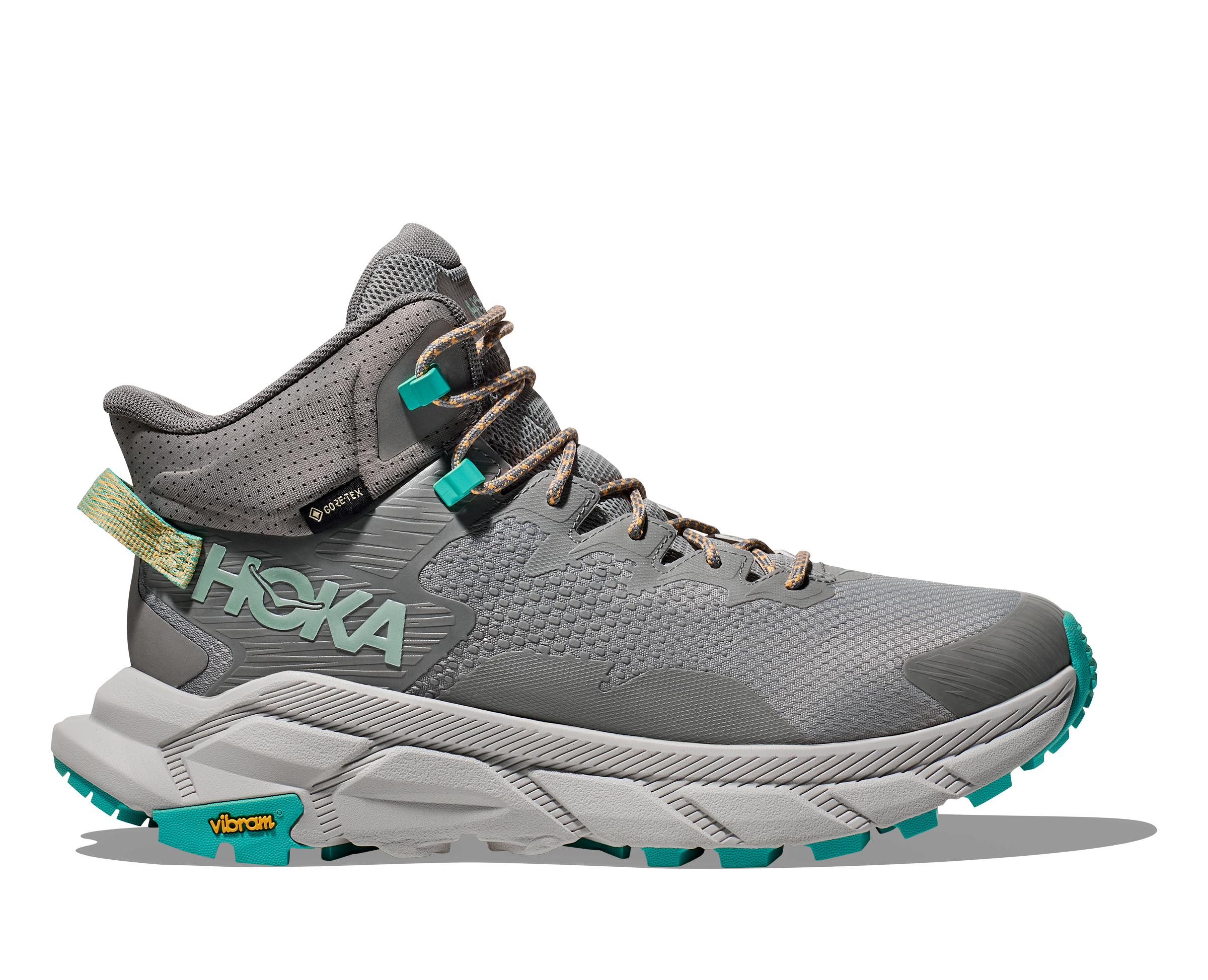 Side view on white background of Mens Hoka Trail Code Gtx running shoe in Galactic Grey/Electric Aqua, Medium (Regular) width