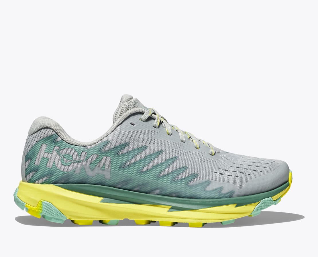 Side view on white background of Womens Hoka Torrent 3 running shoe in Mercury/Evening Primrose, Medium (Regular) width