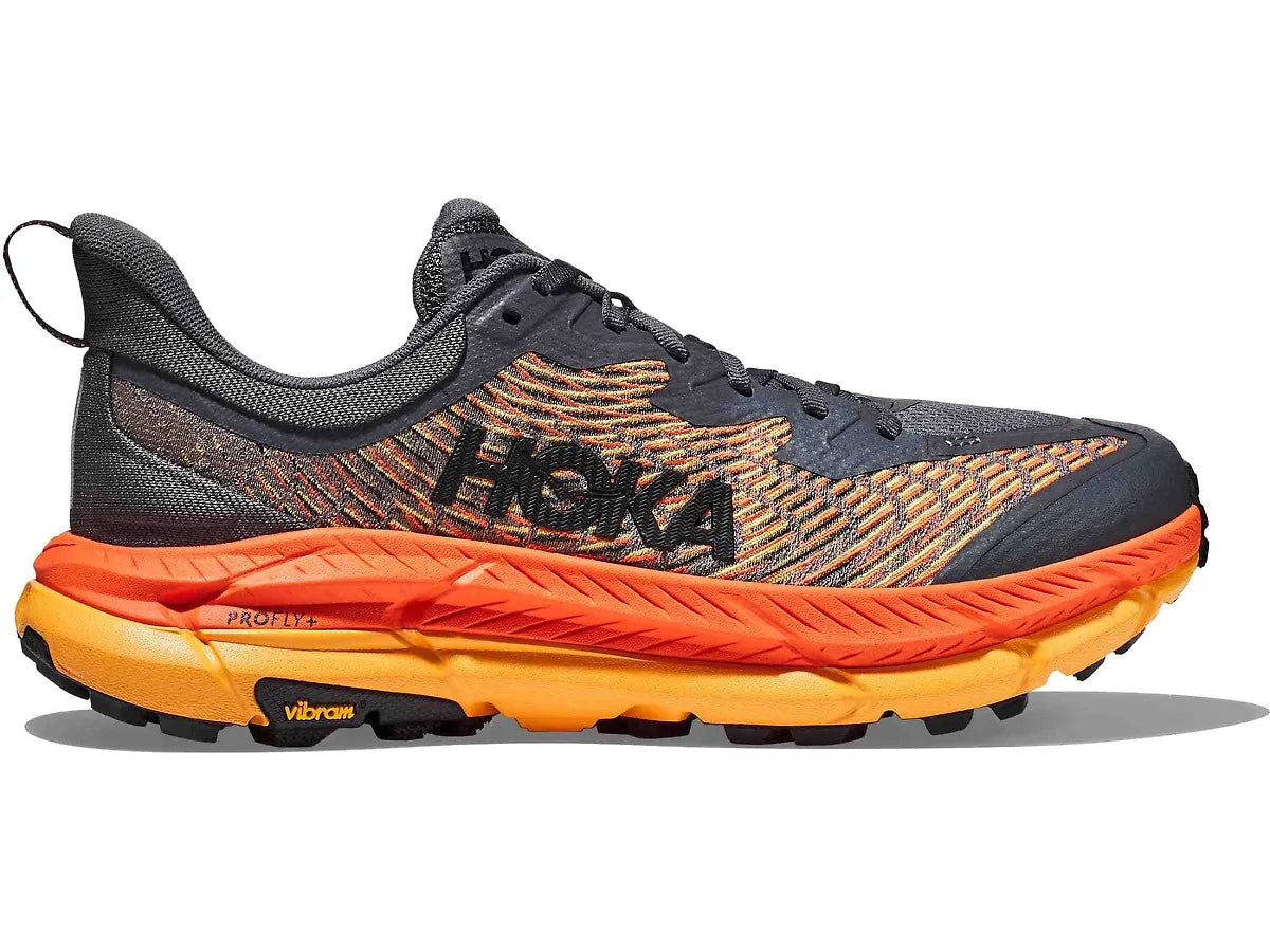 Side view on white background of Mens Hoka Mafate Speed 4 running shoe in Castlerock/Black, Medium (Regular) width