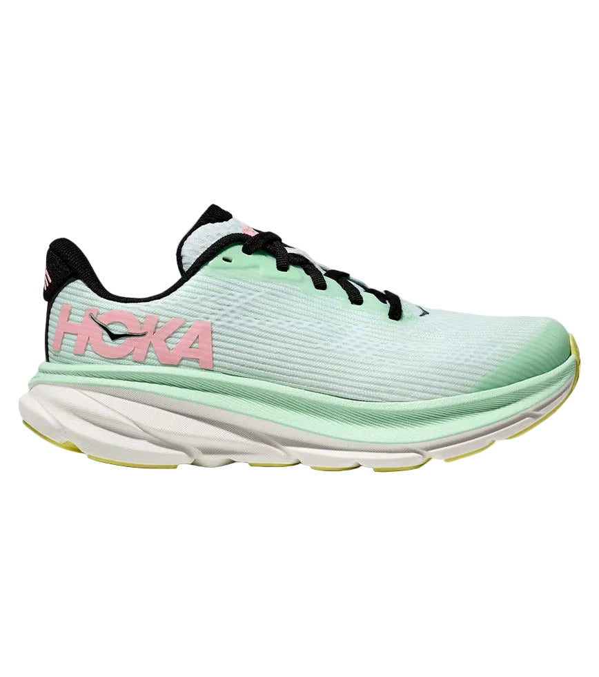 Side view on white background of Youth Hoka Clifton 9 running shoe in Mint Fluorite/Snow Melt, Medium (Regular) width
