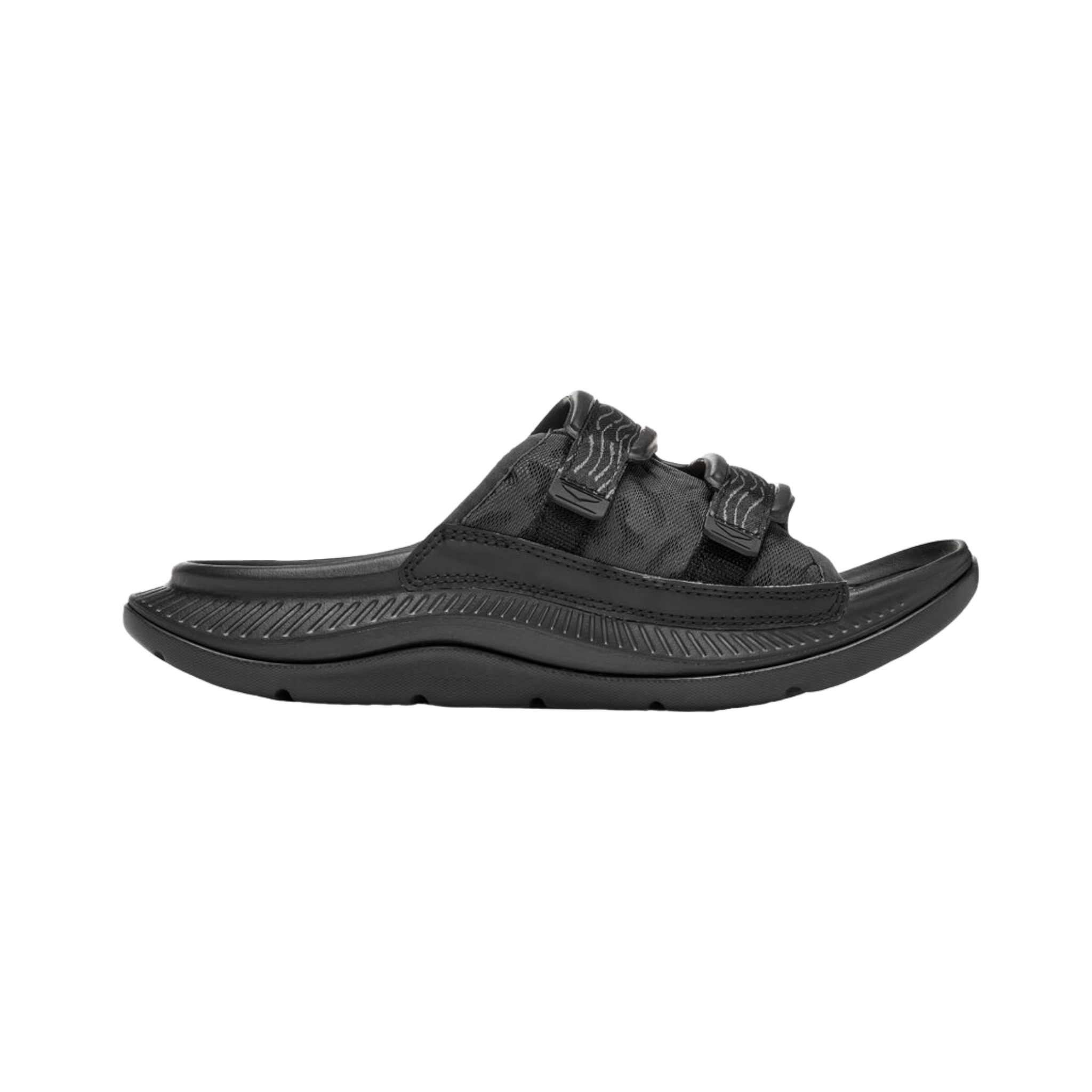 Side view on white background of Mens Hoka Ora Luxe running shoe in Black, Medium (Regular) width