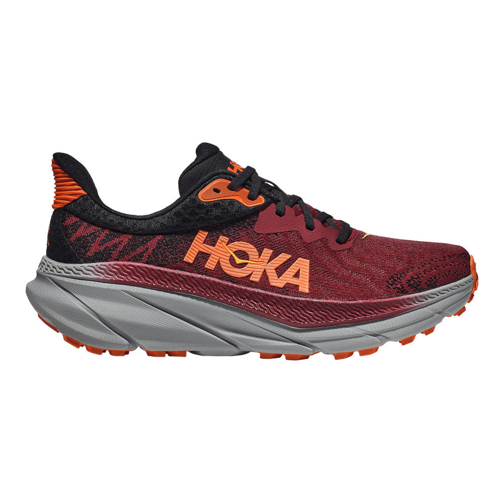 Side view on white background of Mens Hoka Challenger ATR running shoe in Cabernet/Flame, Medium (Regular) width