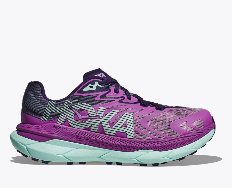 Side view on white background of Womens Hoka Tecton X 2 running shoe in Orchid Flower/Night Sky, Medium (Regular) width