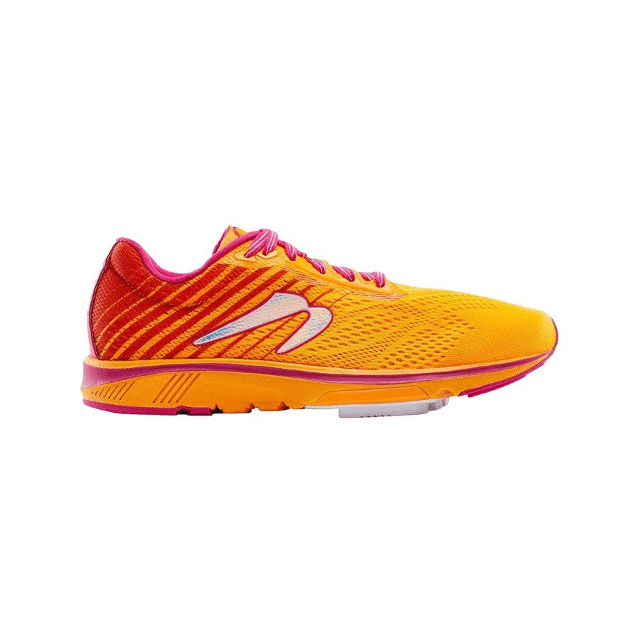 Side view on white background of Womens Newton Running Gravity 11 running shoe in Tangerine/Pink, Medium (Regular) width