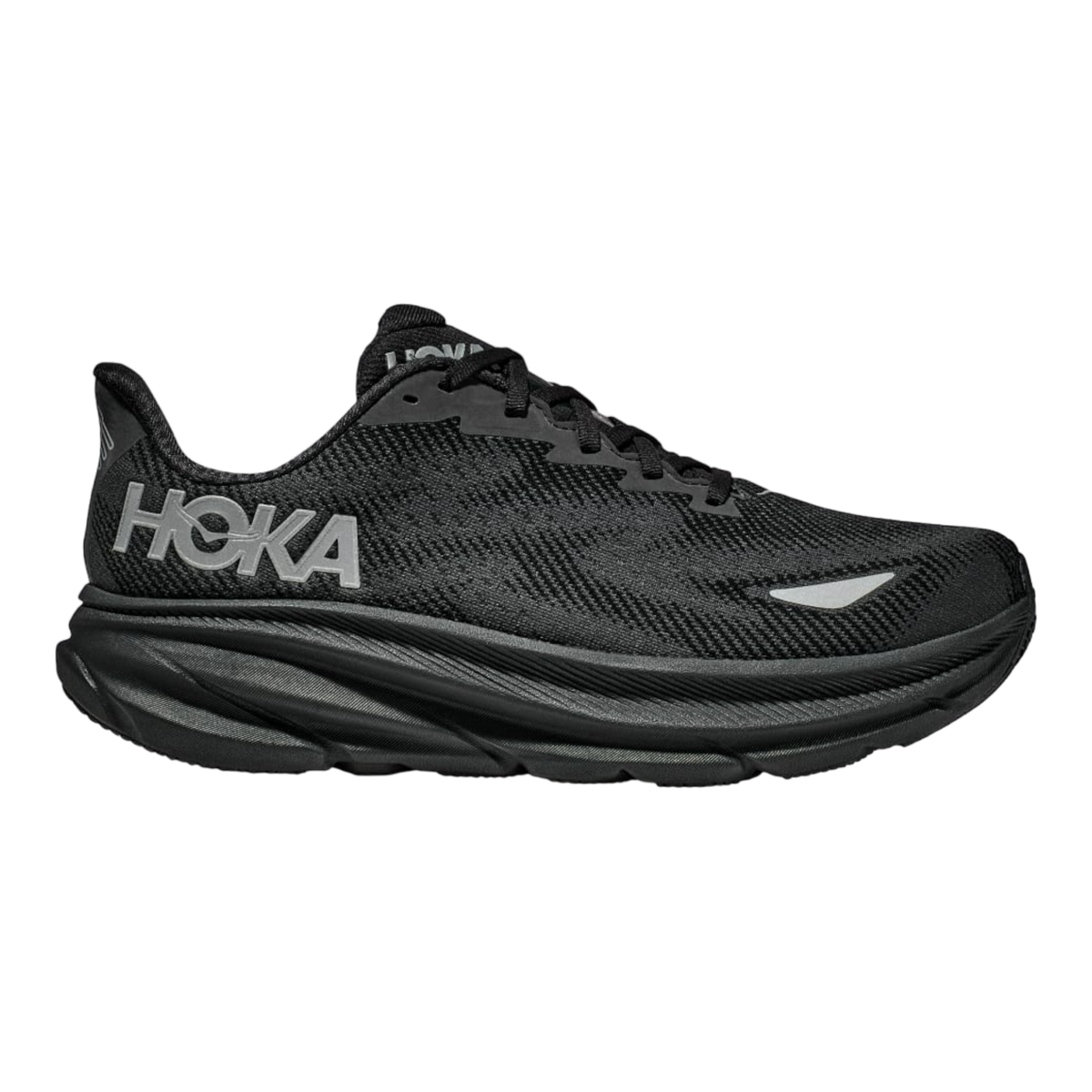Side view on white background of Mens Hoka Clifton 9 GTX running shoe in Black/Black, Medium (Regular) width