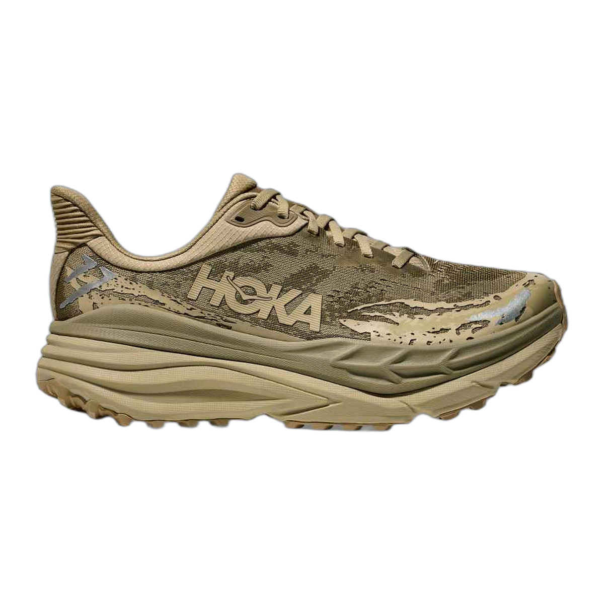 Side view on white background of Mens Hoka Stinson 7 running shoe in Oyster Mushroom/Wild Mushroom, Medium (Regular) width
