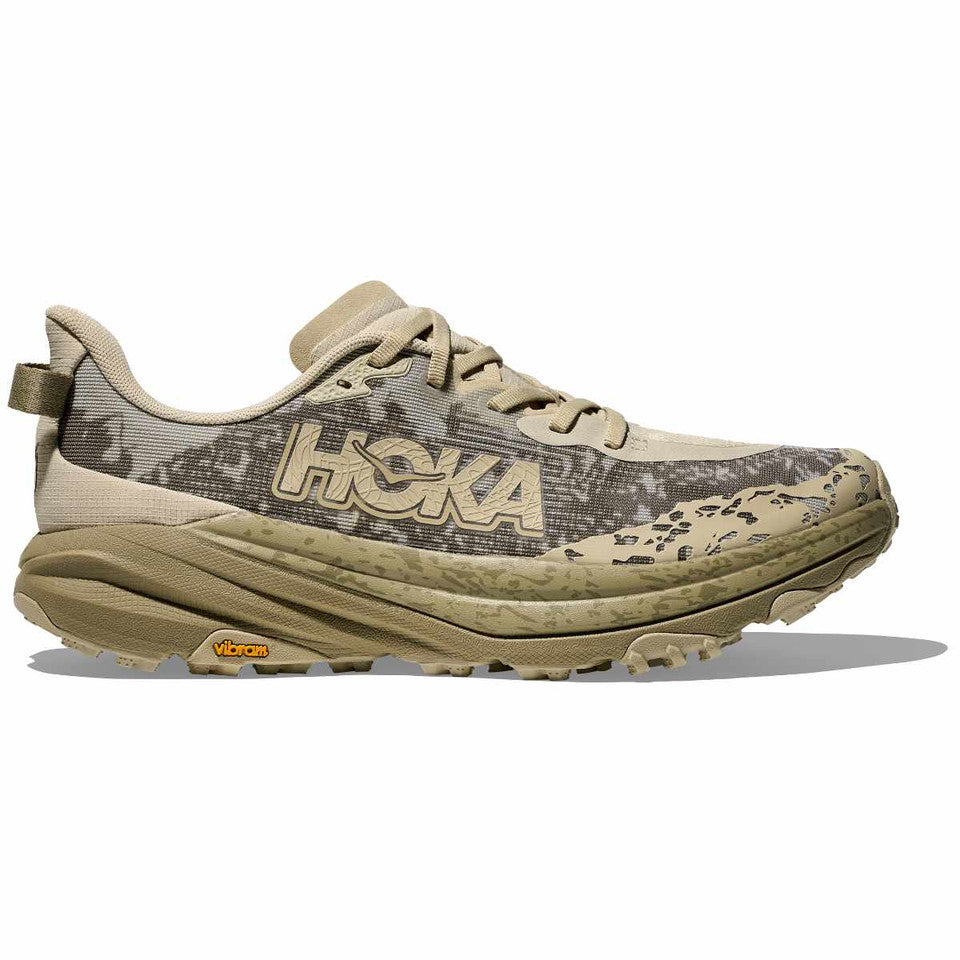 Side view on white background of Mens Hoka Speedgoat 6 running shoe in Oyster Mushroom/Wild Mushroom, Medium (Regular) width