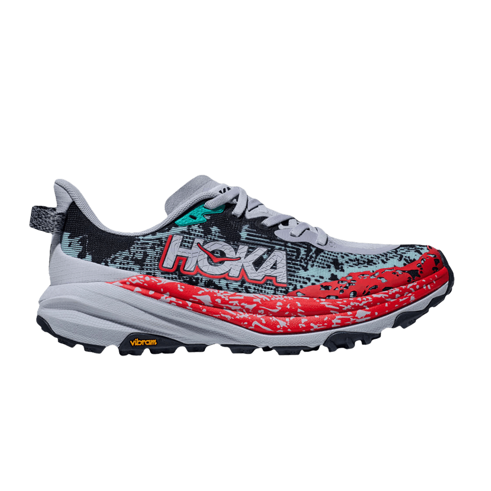 Side view on white background of Youth Hoka Speedgoat 6 running shoe in Gull/Stormy Skies, Medium (Regular) width