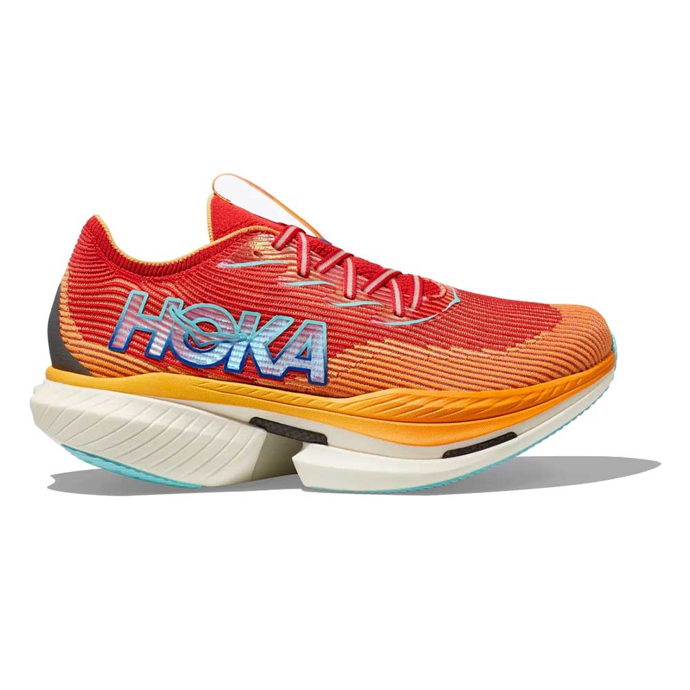 Side view on white background of Womens Hoka Cielo X1 running shoe in Cerise and Solar Flare, Medium (Regular) width