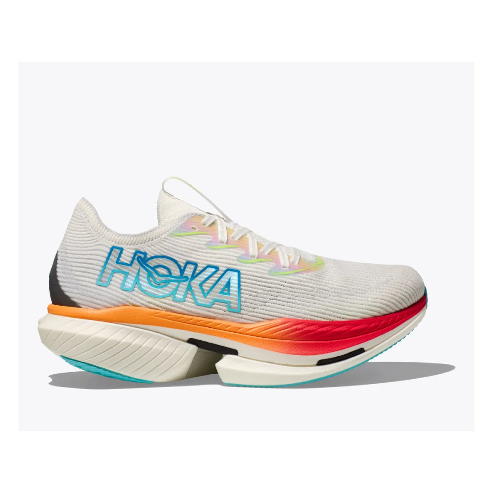 Side view on white background of Womens Hoka Cielo X1 running shoe in Frost/Cerise, Medium (Regular) width