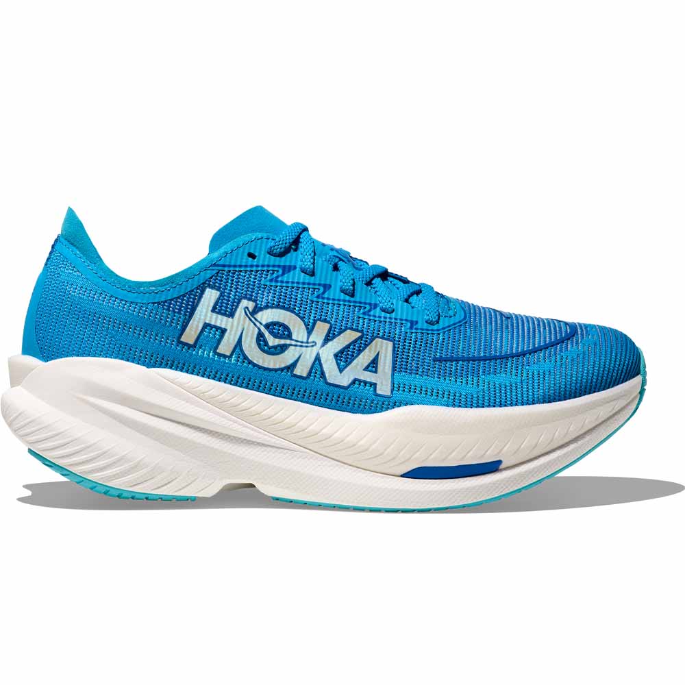 Side view on white background of Mens Hoka Mach running shoe in Skyward Blue/Electric Cobalt, Medium (Regular) width