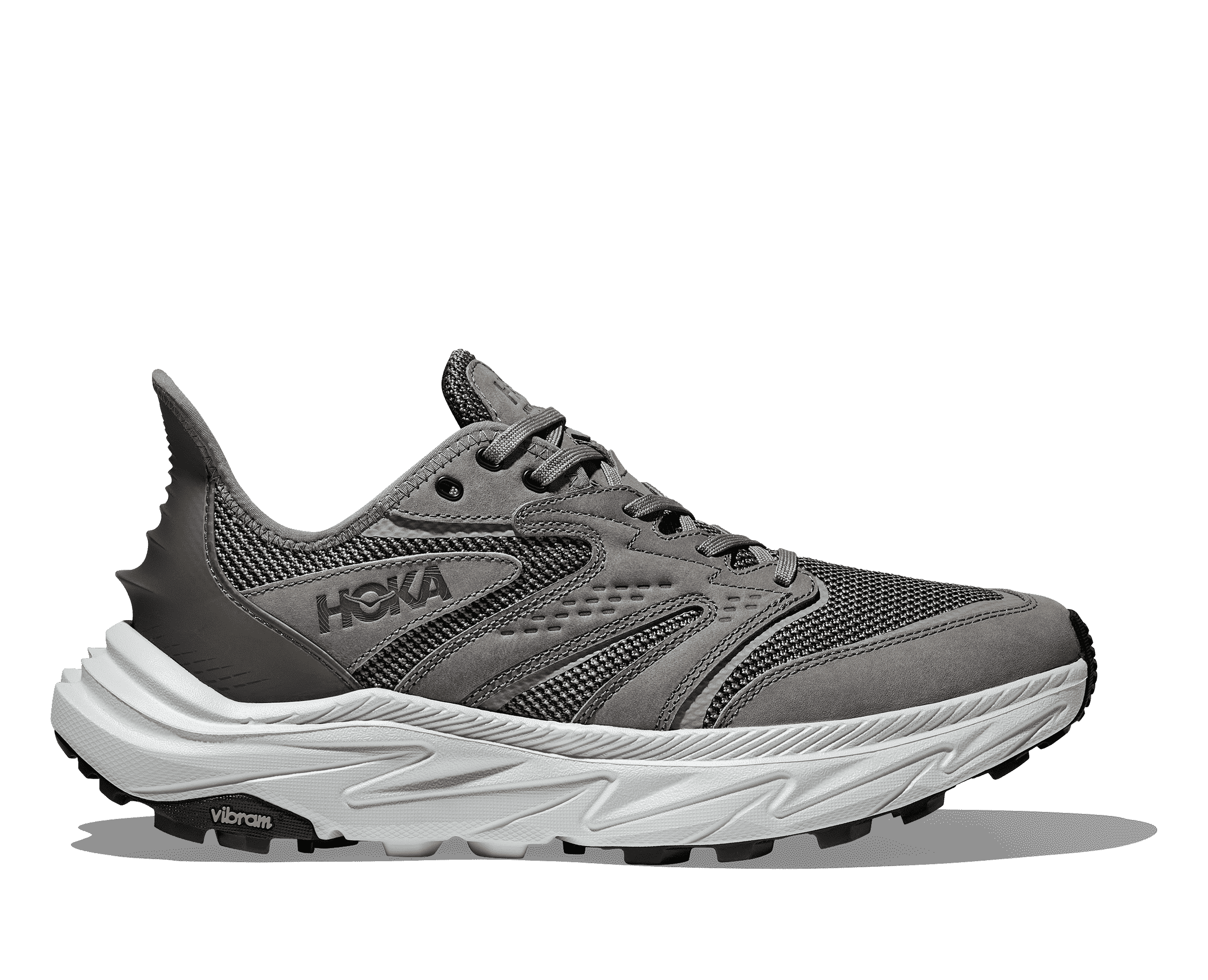Side view on white background of Mens Hoka Anacapa 2 Freedom running shoe in Galactic Grey/Cosmic Grey, Medium (Regular) width