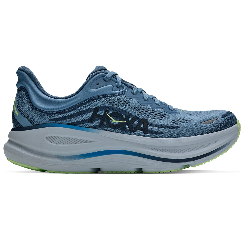 Side view on white background of Mens Hoka Bondi running shoe in Downpour/Thunder Cloud, Medium (Regular) width