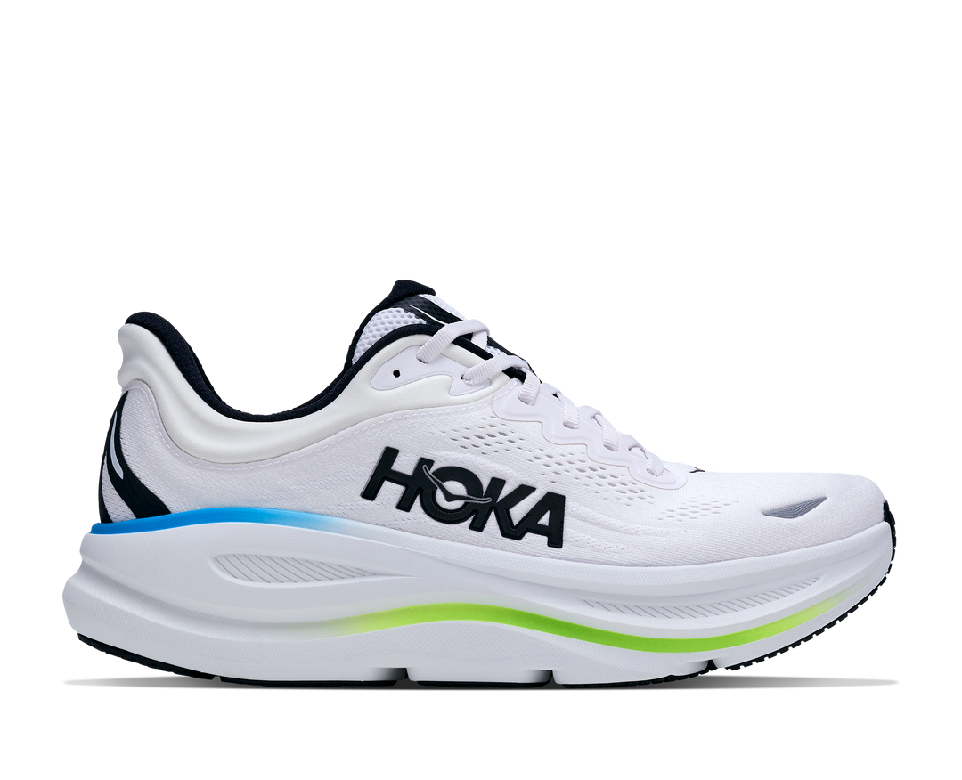 Side view on white background of Mens Hoka Bondi 9 running shoe in Frost/Black, Medium (Regular) width