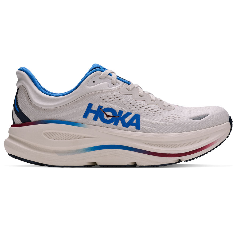 Side view on white background of Mens Hoka Bondi running shoe in Grout/Varsity Navy, Medium (Regular) width
