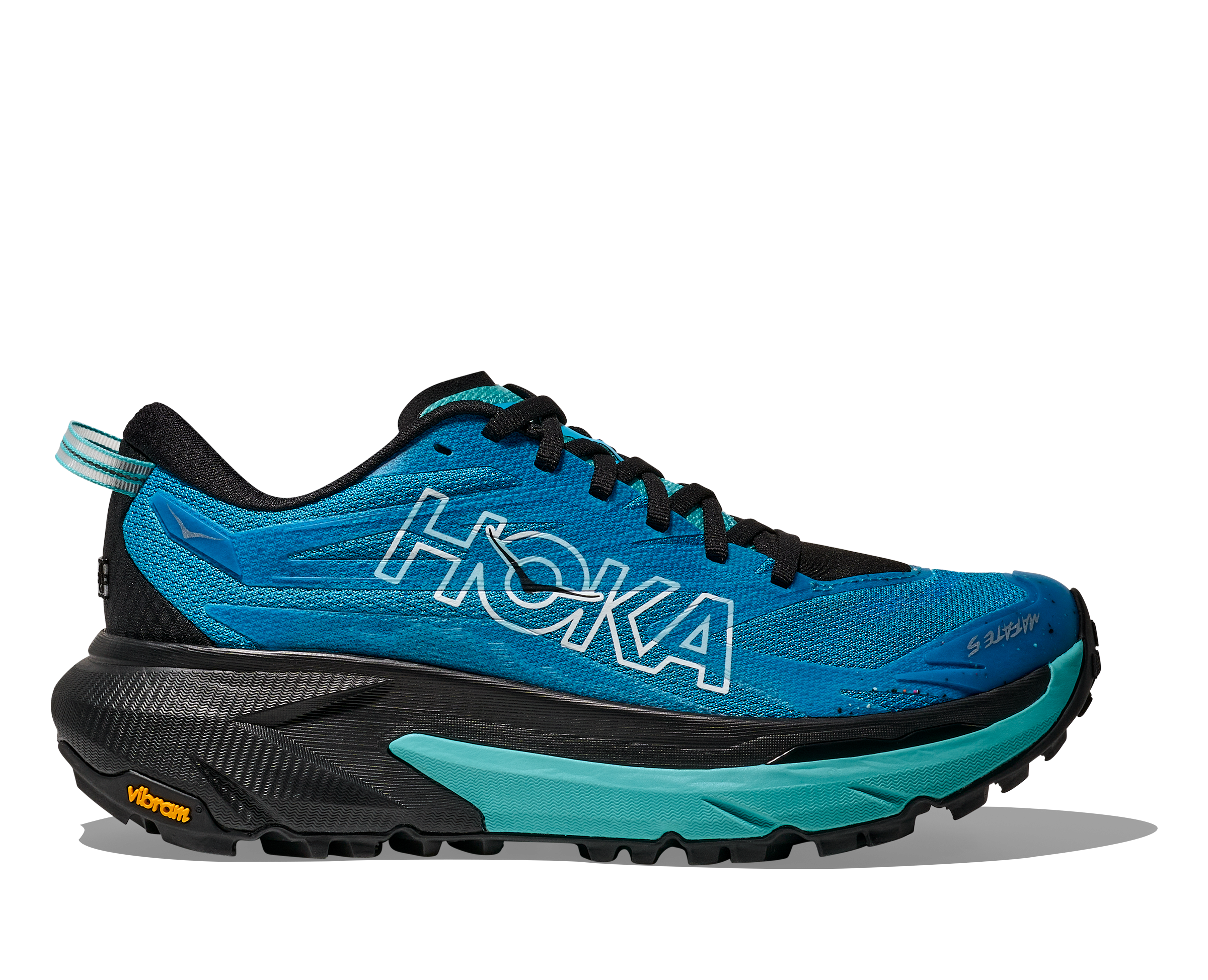 Side view on white background of Womens Hoka Mafate 5 running shoe in Skyward Blue/Black, Medium (Regular) width