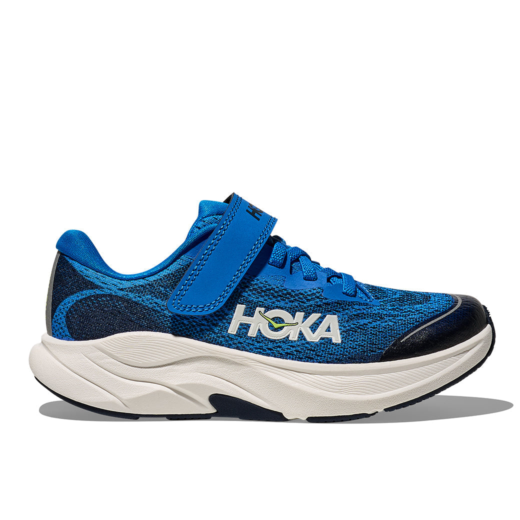 Side view on white background of Kids Hoka Rincon 4 running shoe in Electric Cobalt/Varsity Navy, Medium (Regular) width