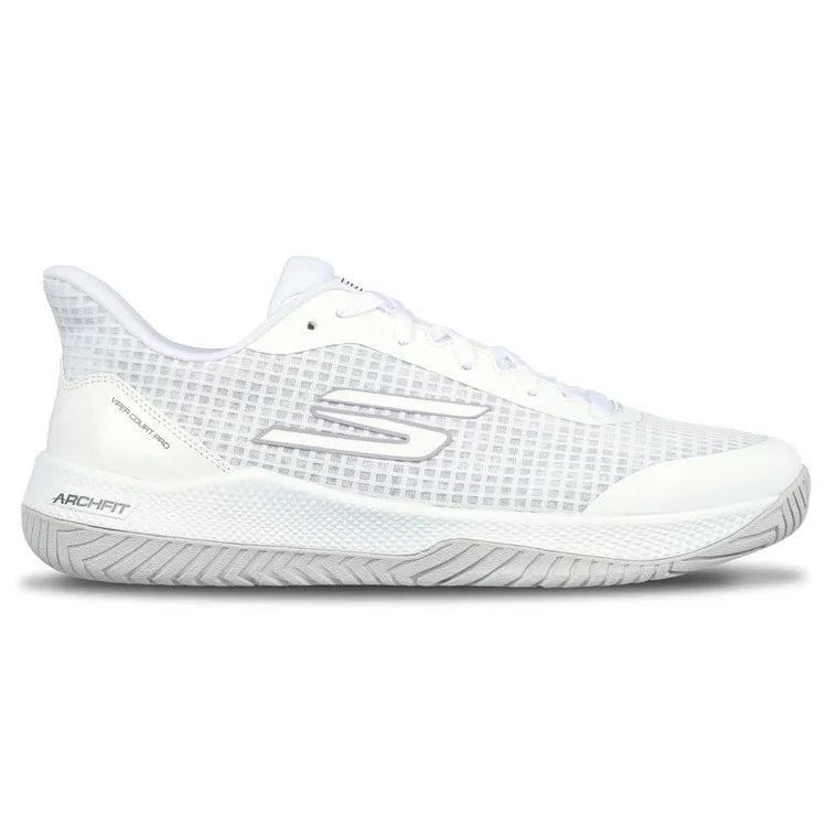 Side view on white background of Mens Skechers Viper Court Pro running shoe in White, Medium (Regular) width