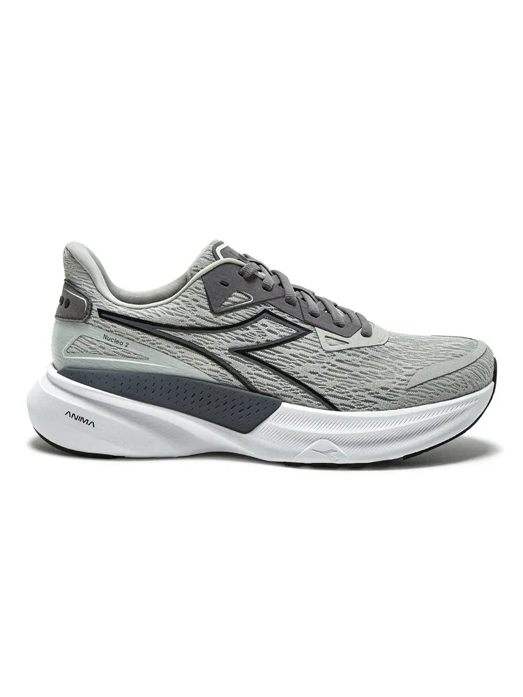 Side view on white background of Mens Diadora Nucleo 2 running shoe in Silver Dd/Steel Gray/Black, Medium (Regular) width