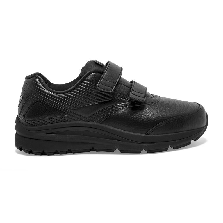 Side view on white background of Womens Brooks Addiction Walker V-Strap 2 running shoe in Black/Black, Wide width