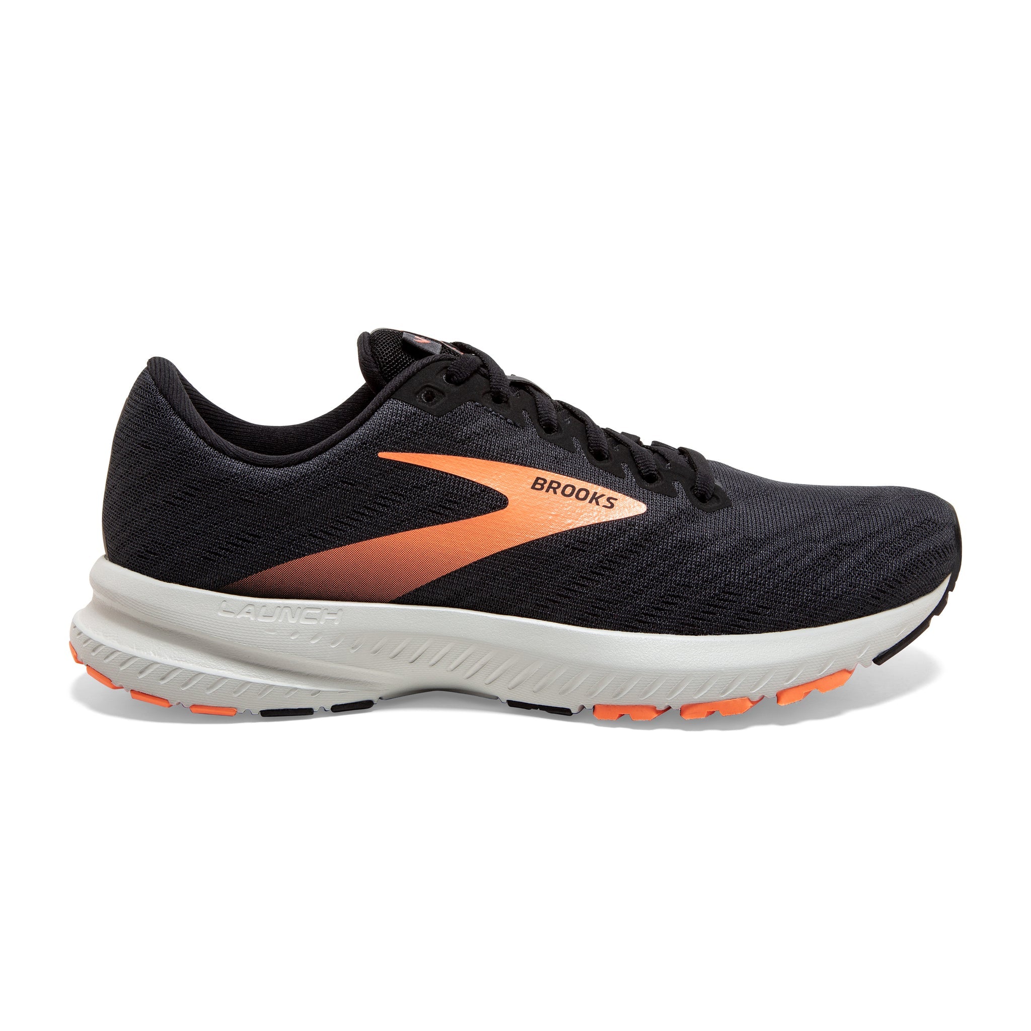 Side view on white background of Womens Brooks Launch 7 running shoe in Ebony/Black/Cantaloupe, Medium (Regular) width